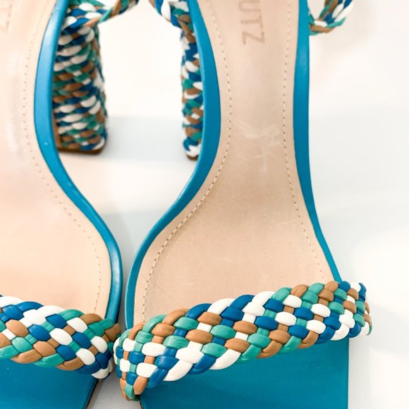 SCHUTZ blue braided block heel square toe sandal ankle wrap 38 - Picture 6 of 9